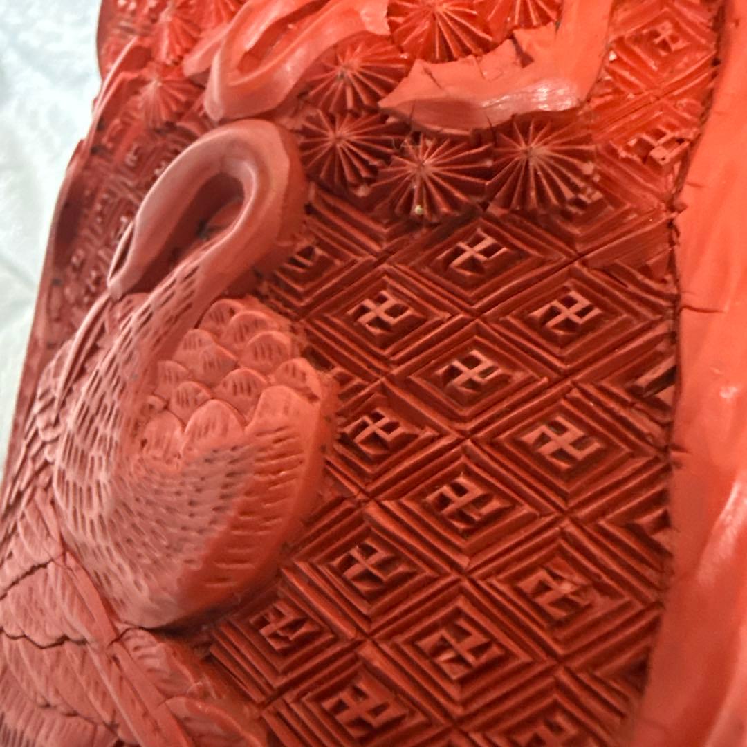 中国美術堆朱彫刻鶴図木製筆立本物保証古唐物／彫漆／堆朱／花紋／煎茶道具／書道具