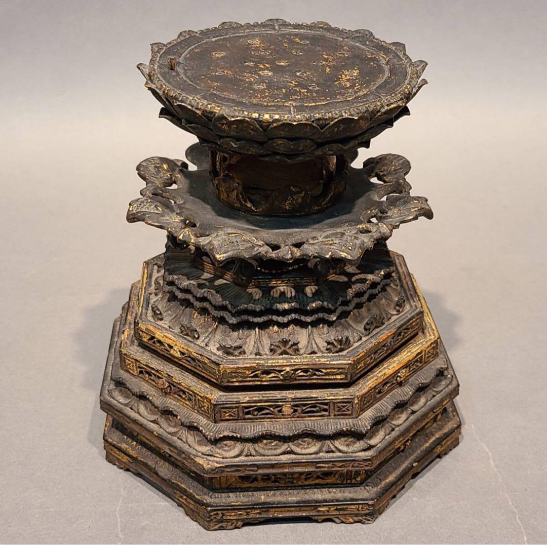 コレクション品 木彫金彩色 蓮台 仏教美術 仏像台座 時代物 骨董 一点物 彫刻