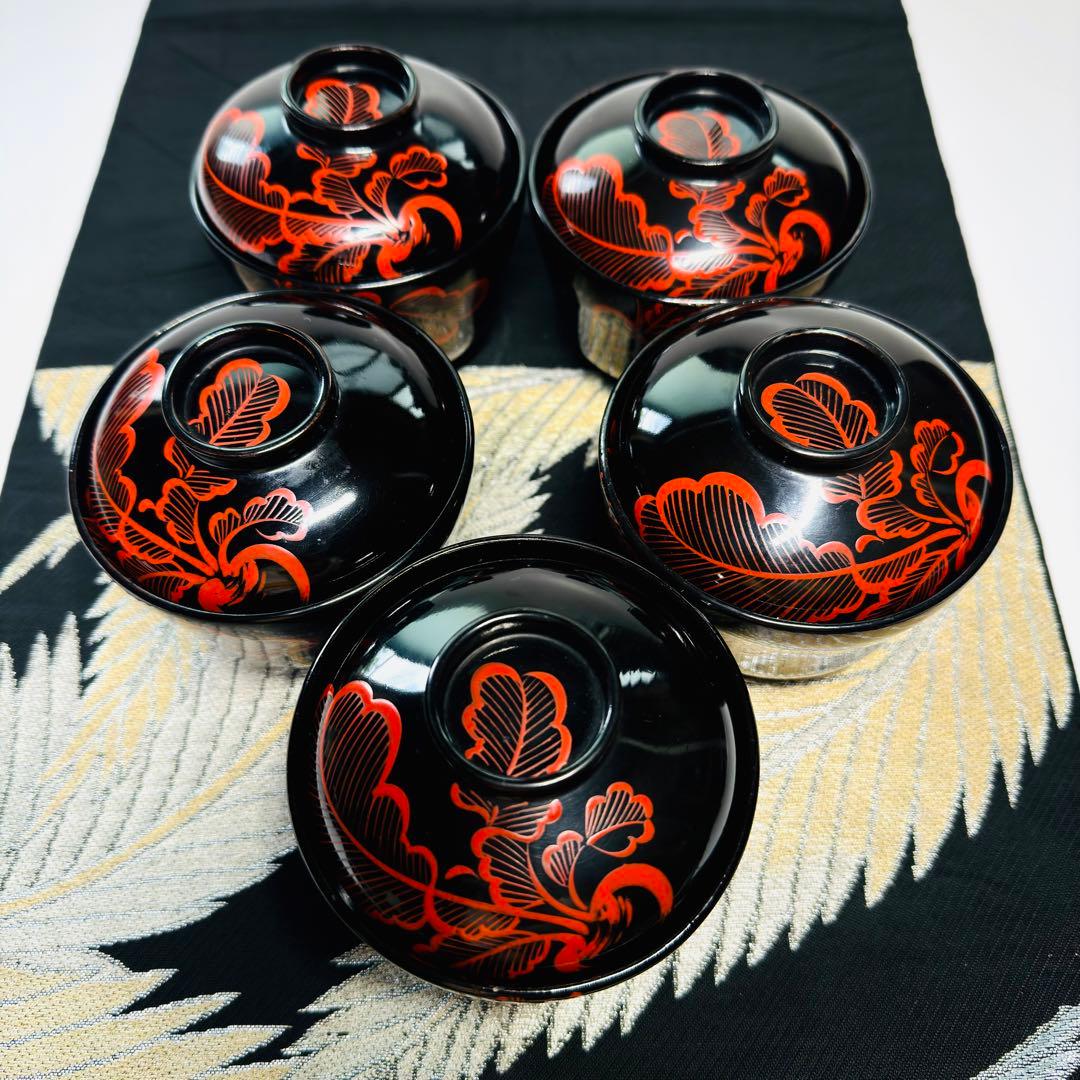 漆器　輪島塗　大根彫　細工　木製　蓋付椀　茶碗　吸物椀　5客