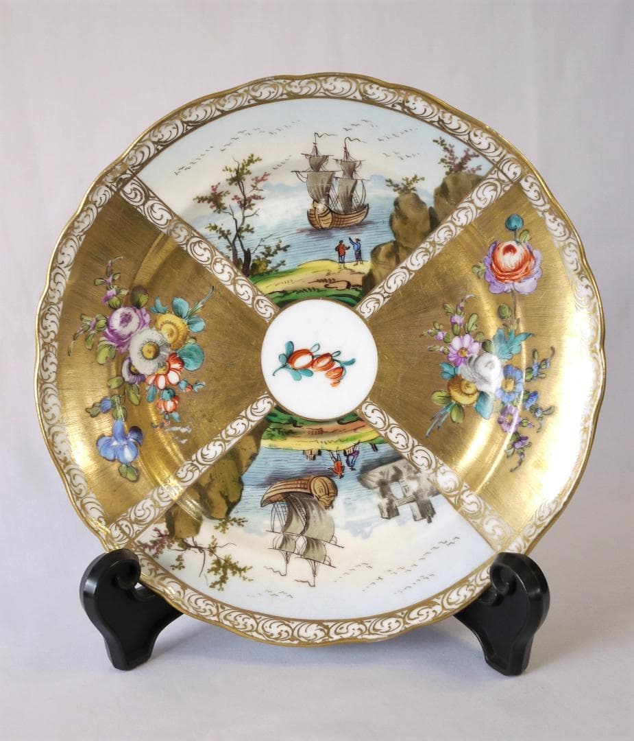 [アンティーク] 港湾風景と花が描かれた絵皿