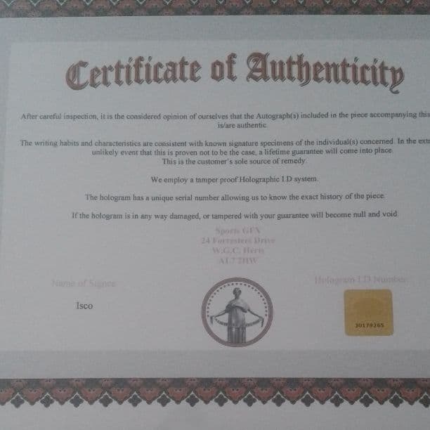 イスコ（スペイン代表）直筆サイン入りフォト証明書付