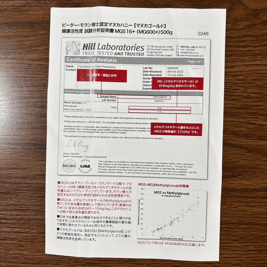 マリリ マヌカハニー 16+ MG600+ 500g MGS認定証分析証付き
