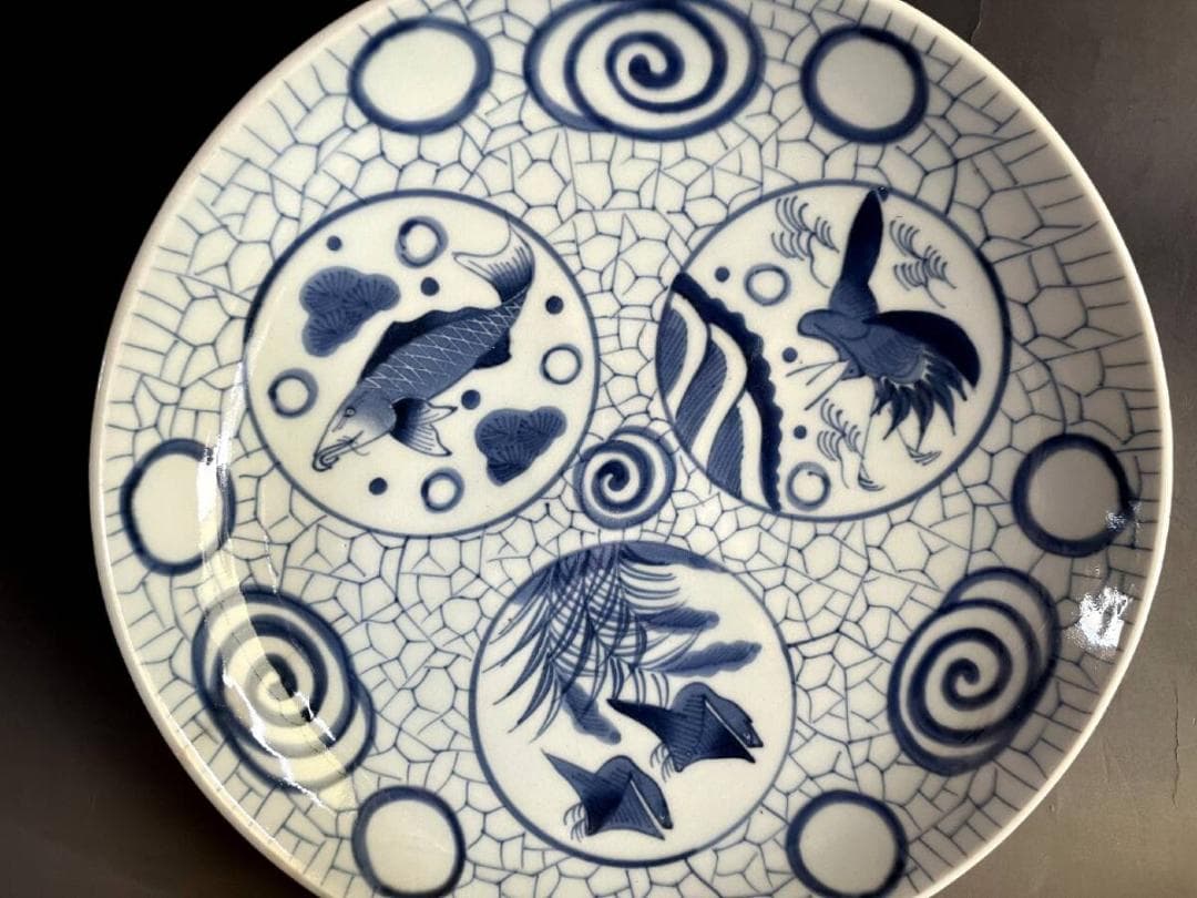 大皿■丸窓絵魚紋染付大皿 鳥 有田 古伊万里 (明治～大正期)骨董■34.8cm