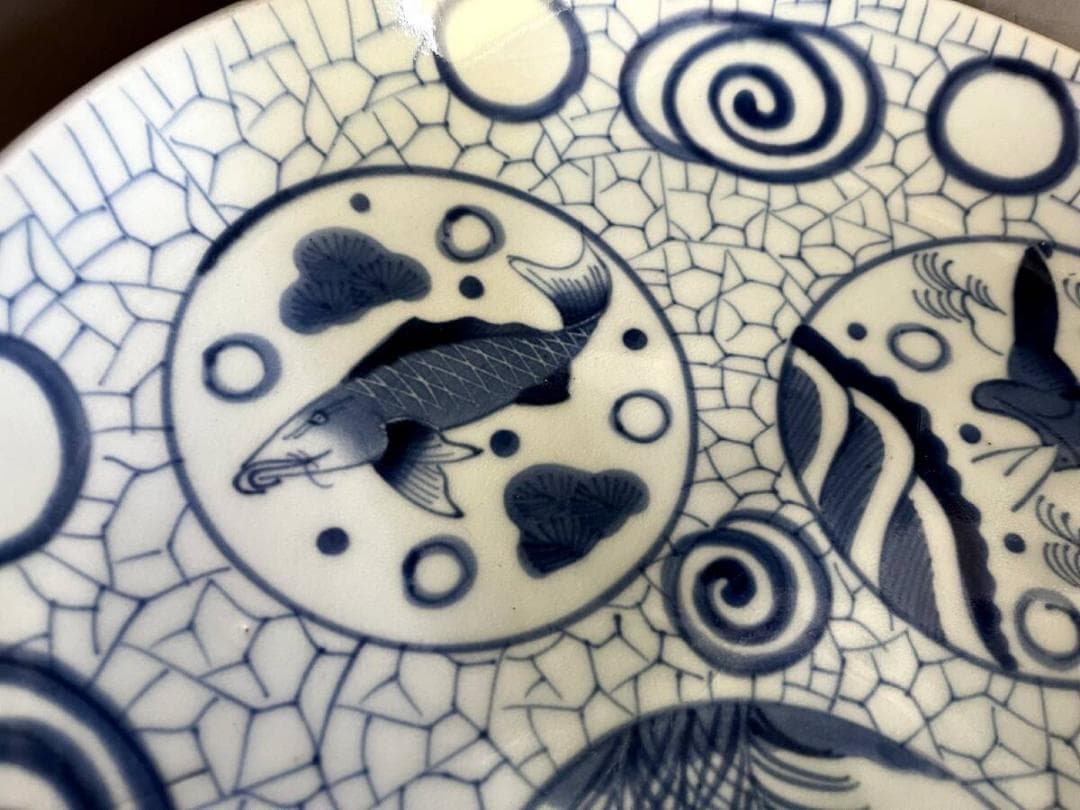 大皿■丸窓絵魚紋染付大皿 鳥 有田 古伊万里 (明治～大正期)骨董■34.8cm