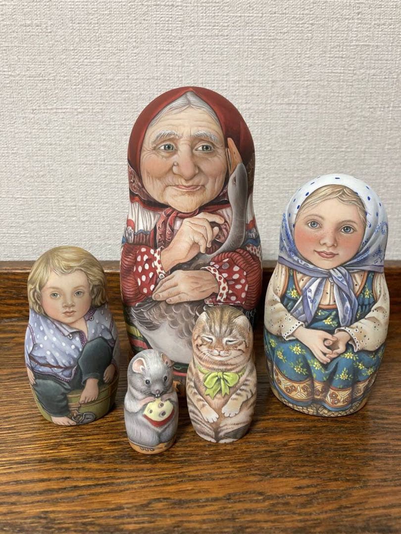 ロシア雑貨☆民話『ガチョウ白鳥』おとぎ話マトリョーシカ(5P)鵞鳥白鳥 リダ工房