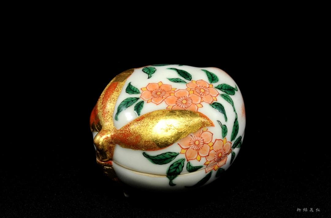 五代 三浦竹泉 色絵 桃 香合 共箱 茶道具