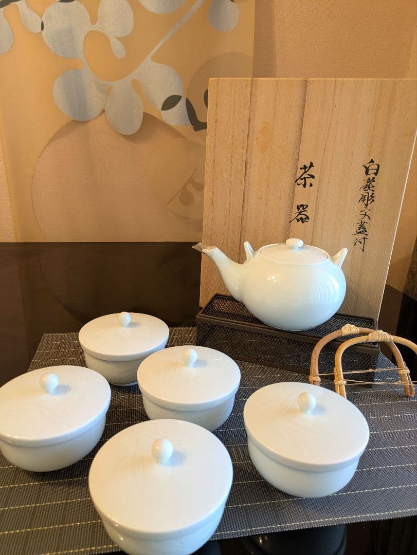 【希少・未使用】人間国宝作品　井上萬二 白磁 蓋付湯呑5客＋急須　 しおり共箱付