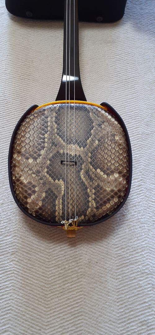 高級品沖縄三線豪華セット①☆ケース付属品多数☆両面本ヘビ革本蛇革リアルスネーク