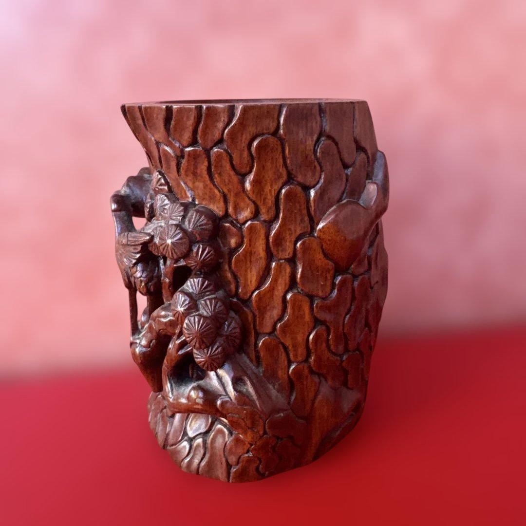 職人手作り製作 筆立て リグナムバイタ 紅木 松 鶴 ツル