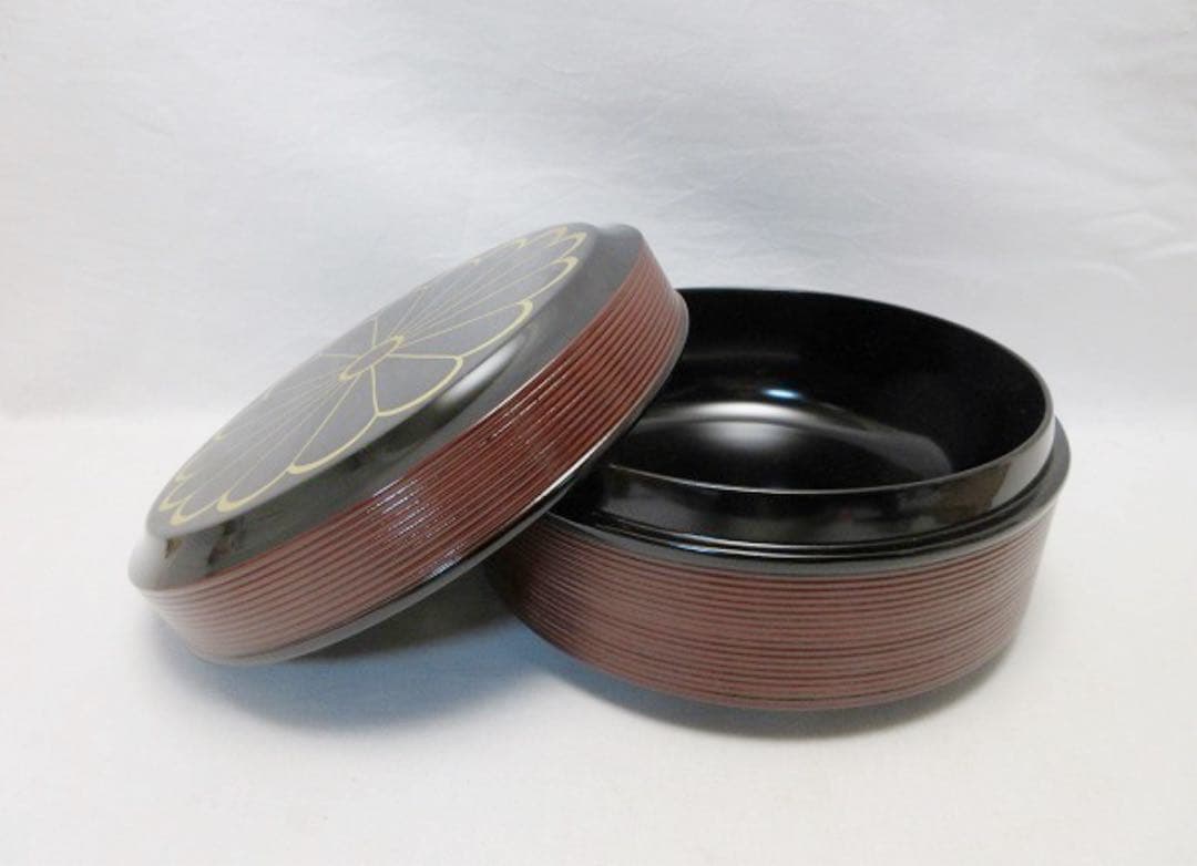 未使用 茶道具 平安象彦 木製溜塗 千筋菊紋 喰籠 菓子器 内黒 底印 共箱