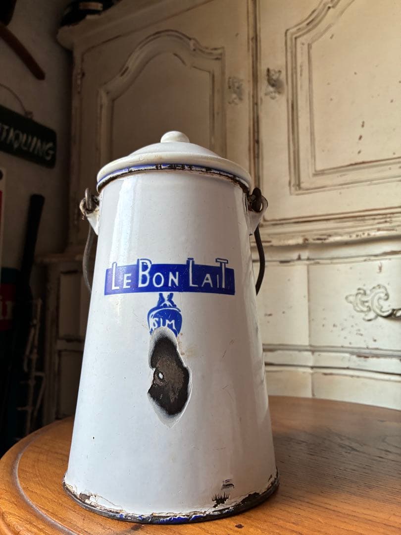 フランス　アンティーク ホーロー ミルク　ポット　キャリー 缶　Maggi青文字