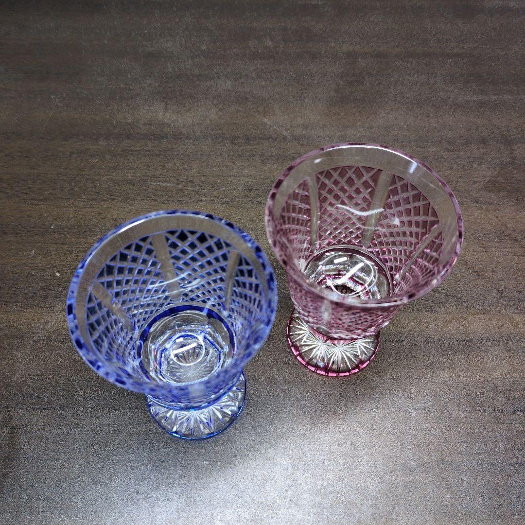 カメイガラス 紗綾切子 高杯 ペア 共箱 酒器