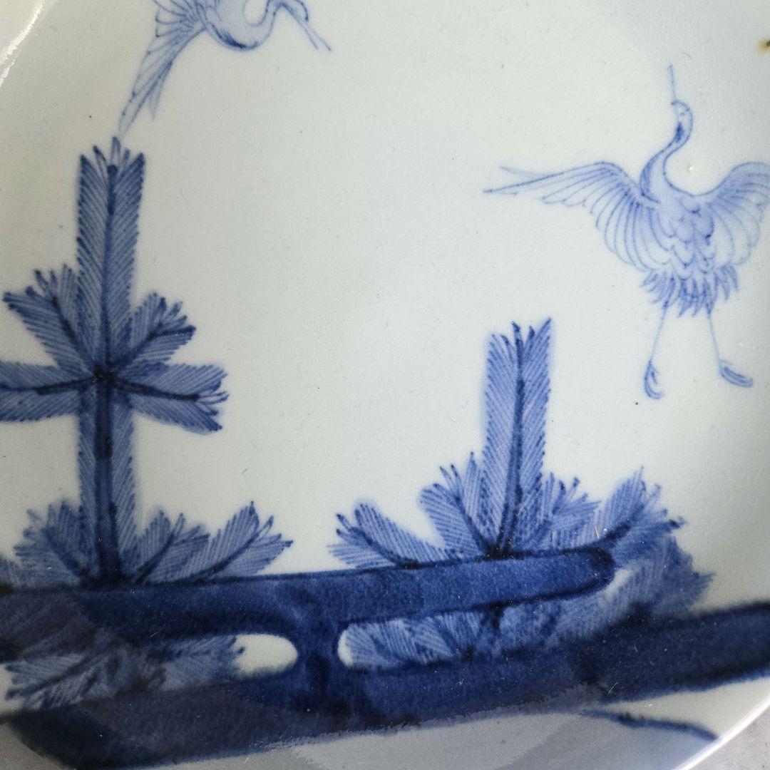 古伊万里　染付　五寸皿　松　飛翔鶴　江戸時代　金直し　金継ぎ　骨董　アンティーク