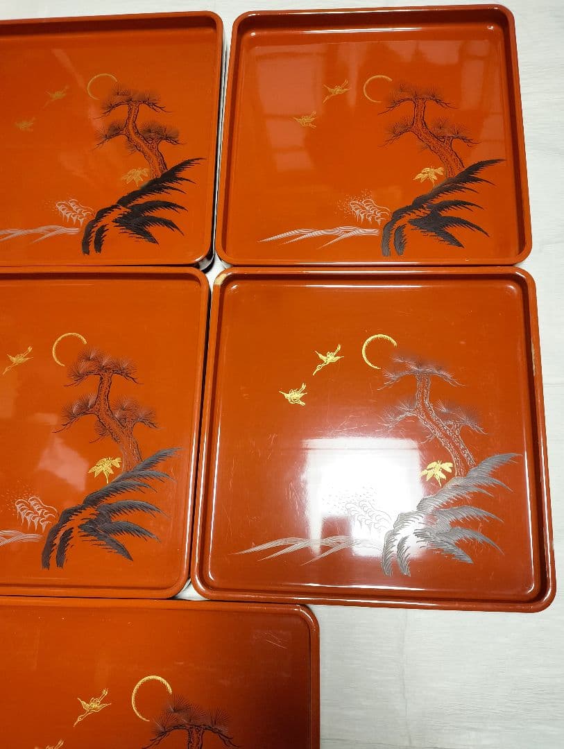 【5客脚付蒔絵膳 】漆器　会席膳 Lサイズ　御膳　朱塗　正月　祭事　アンティーク