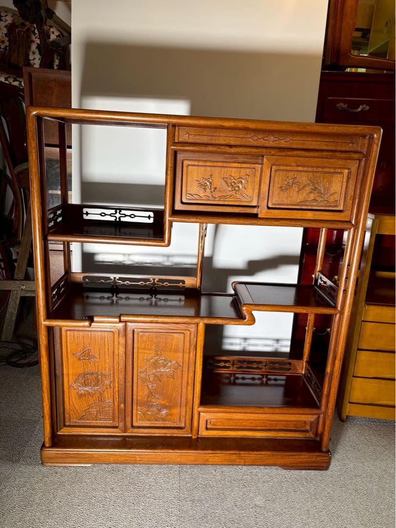 引渡限定　最高級 和家具 茶箪笥 飾り棚 彫刻入り 紫檀調 W90×H105cm