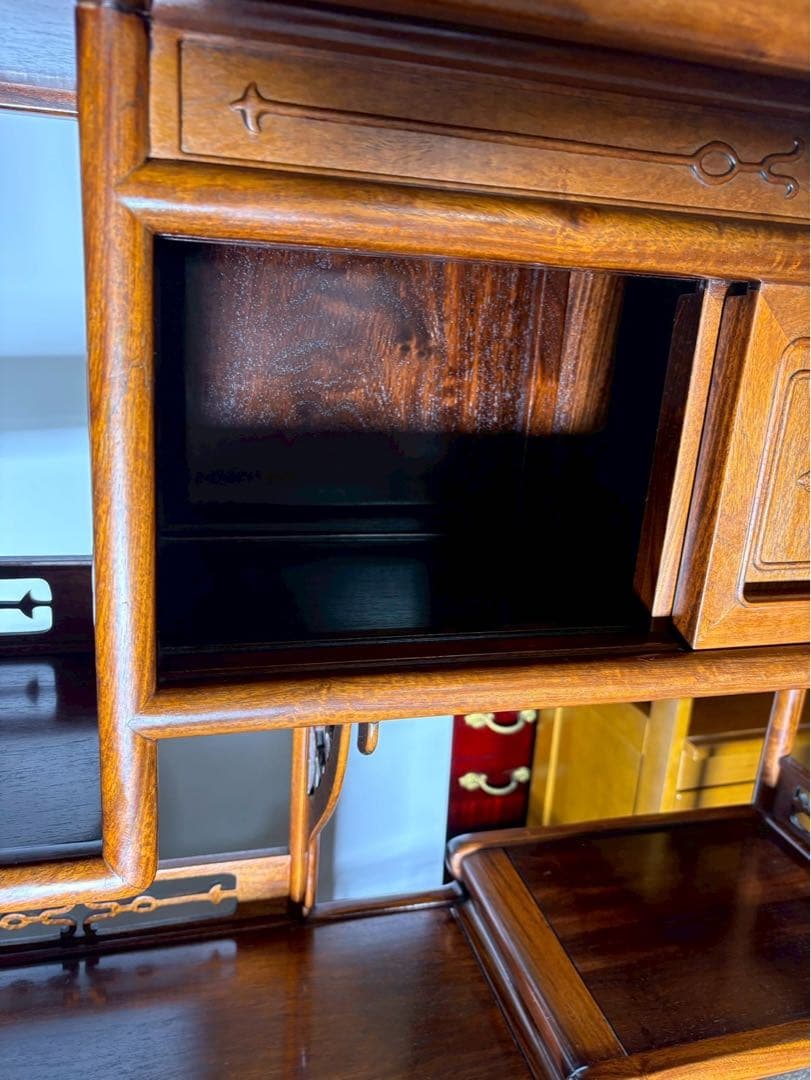 引渡限定　最高級 和家具 茶箪笥 飾り棚 彫刻入り 紫檀調 W90×H105cm