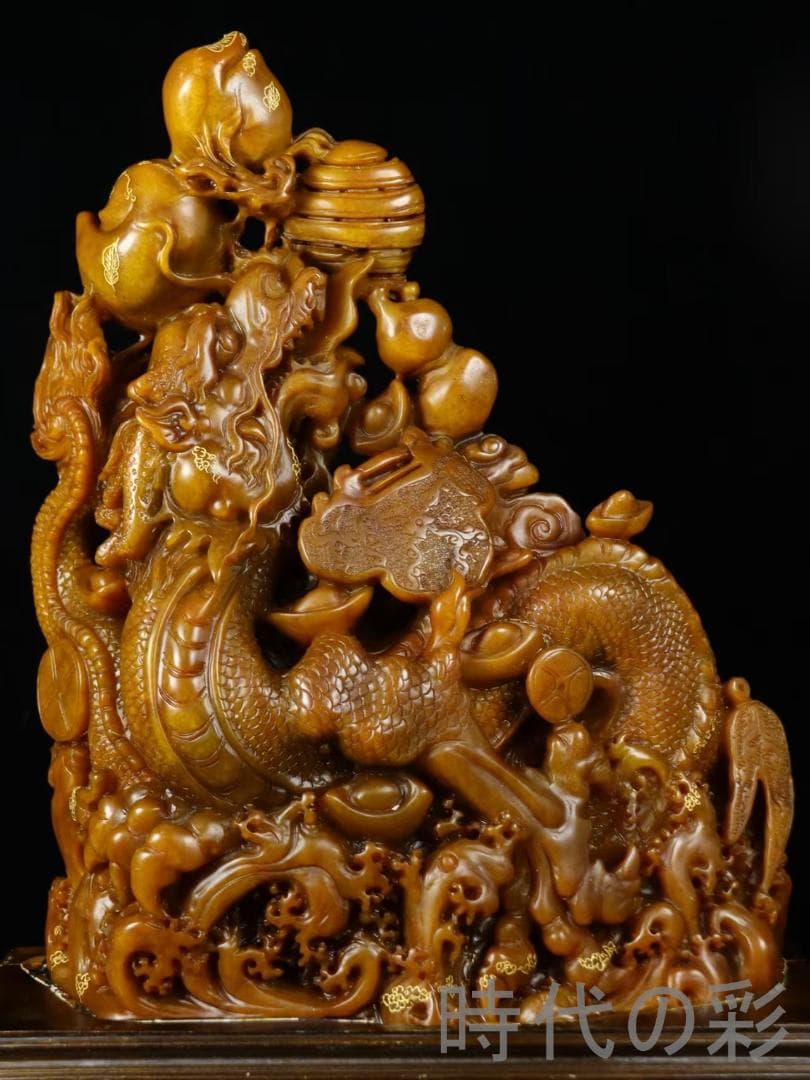 中国古美術【寿山石田黄石 金龍献宝】篆刻家 西鳳作款 旧蔵重器 鏤空細工 在銘