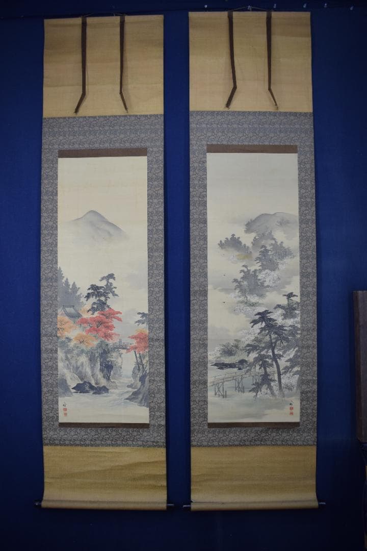 【真作】太田文暉/嵐山春秋山水図/双幅/掛軸☆宝船☆Y-971　JM