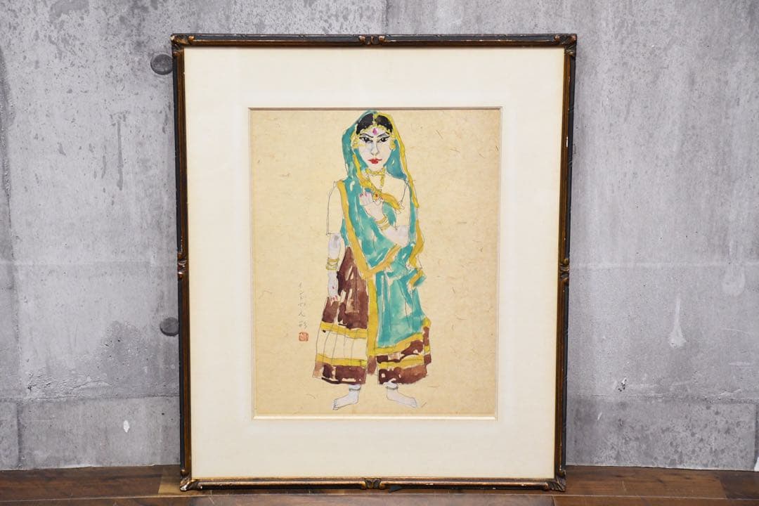 DIC41 真作保証 小川博史 インドの人形 肉筆 水彩画 額装 共シール