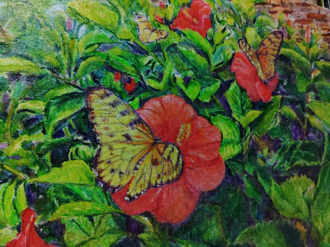 ハイビスカスと蝶々、油彩画