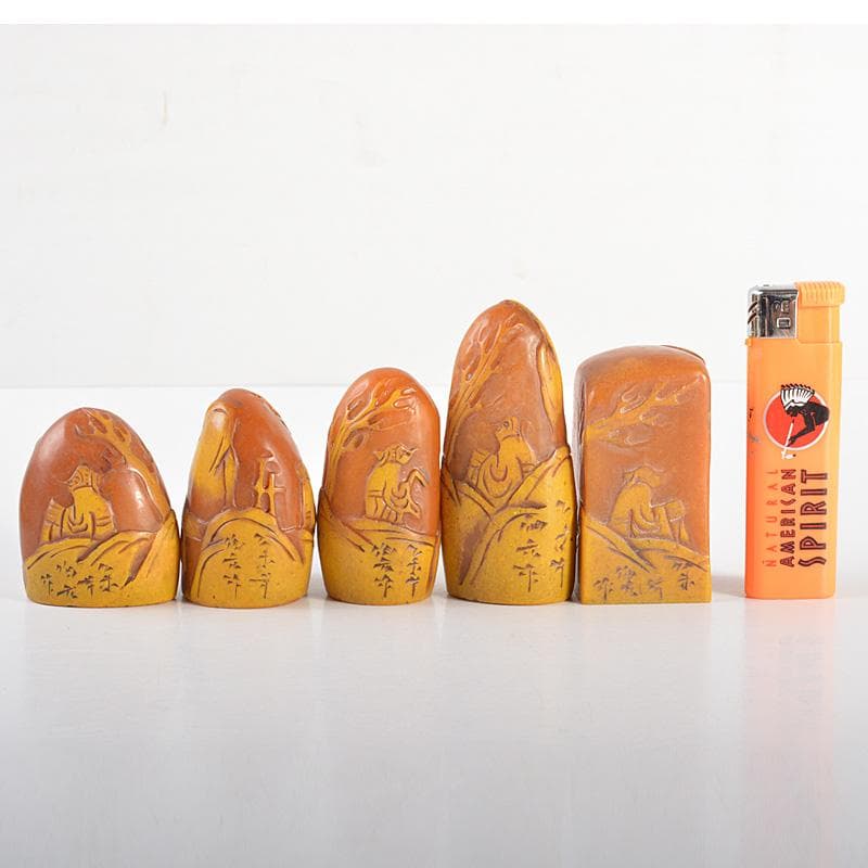 中国　篆刻　玉石寿山石彫刻　山水人物刻　印材　5点　箱付　V　6006