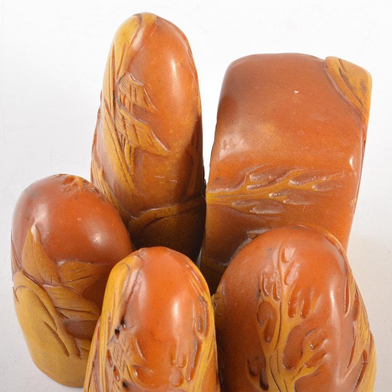 中国　篆刻　玉石寿山石彫刻　山水人物刻　印材　5点　箱付　V　6006