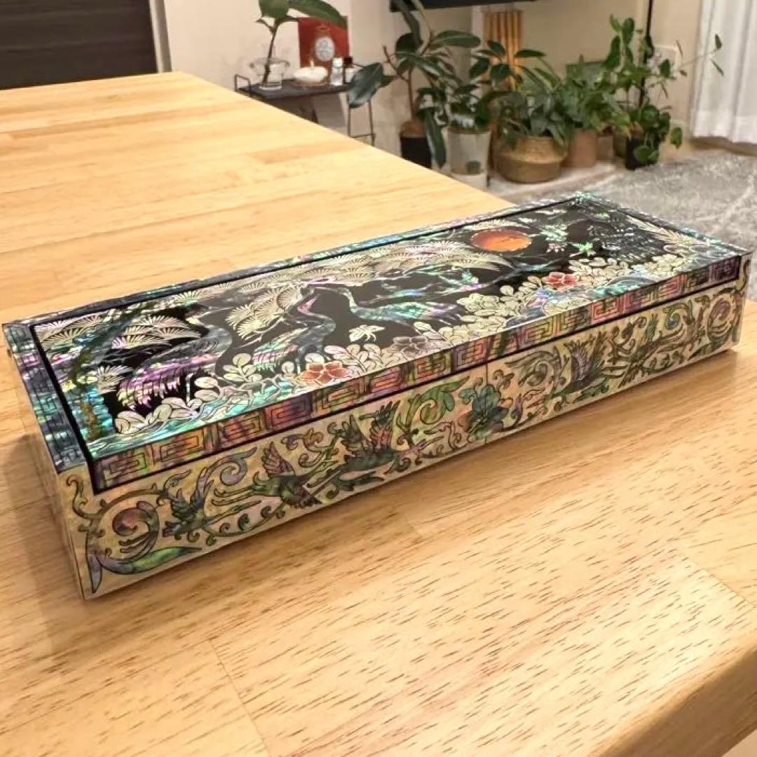 【芸術品★新品未使用】螺鈿 韓国螺鈿 長箱 アクセサリーケース 小物入れ