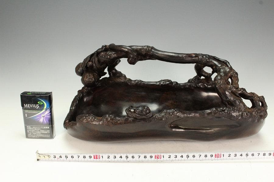 中国美術 紫檀 刻 枝果実 蝸牛 手付 器 39cm 希少(K-A237)