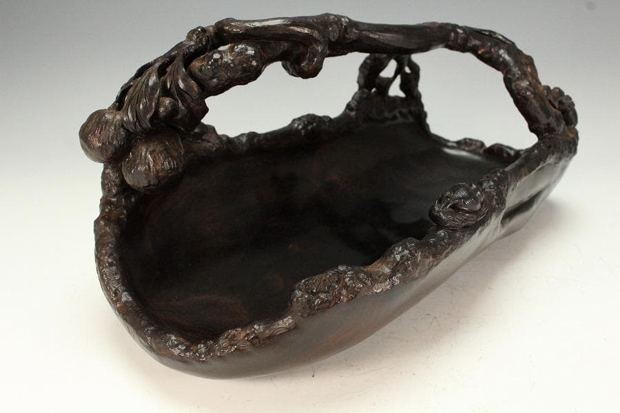 中国美術 紫檀 刻 枝果実 蝸牛 手付 器 39cm 希少(K-A237)