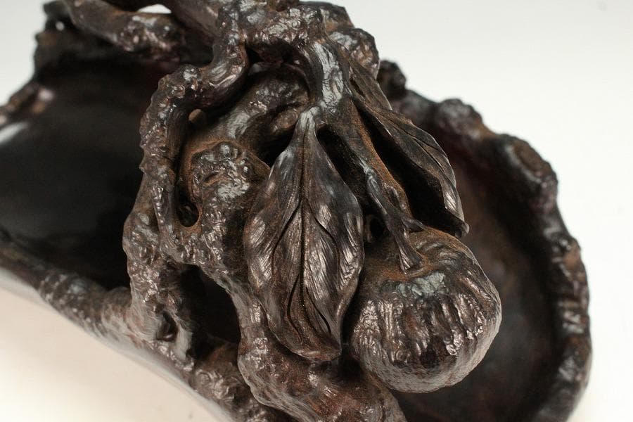 中国美術 紫檀 刻 枝果実 蝸牛 手付 器 39cm 希少(K-A237)