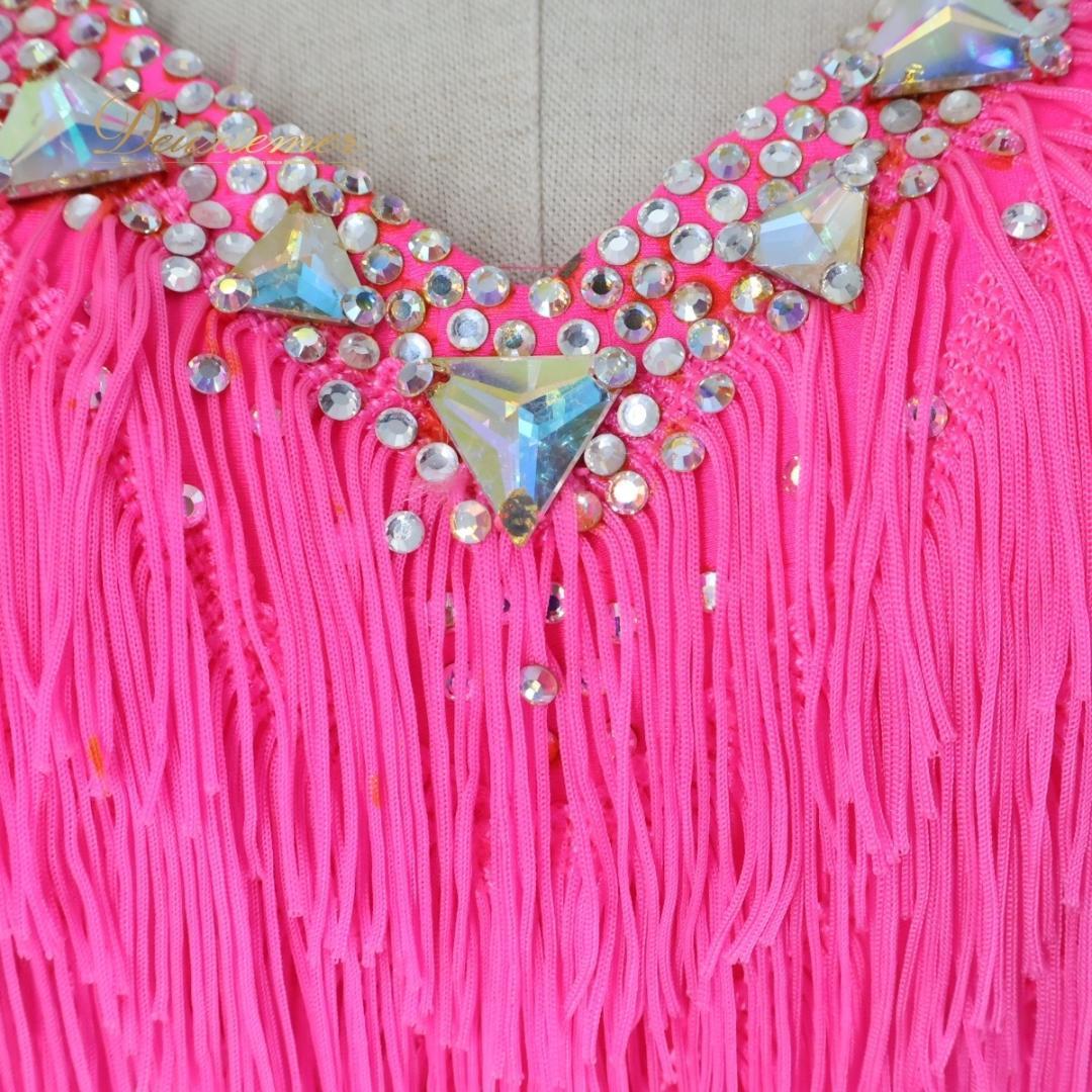 【社交ダンス衣装】ピンク ラテン ドレス ワンピース フリンジ 蛍光 デモ 競技