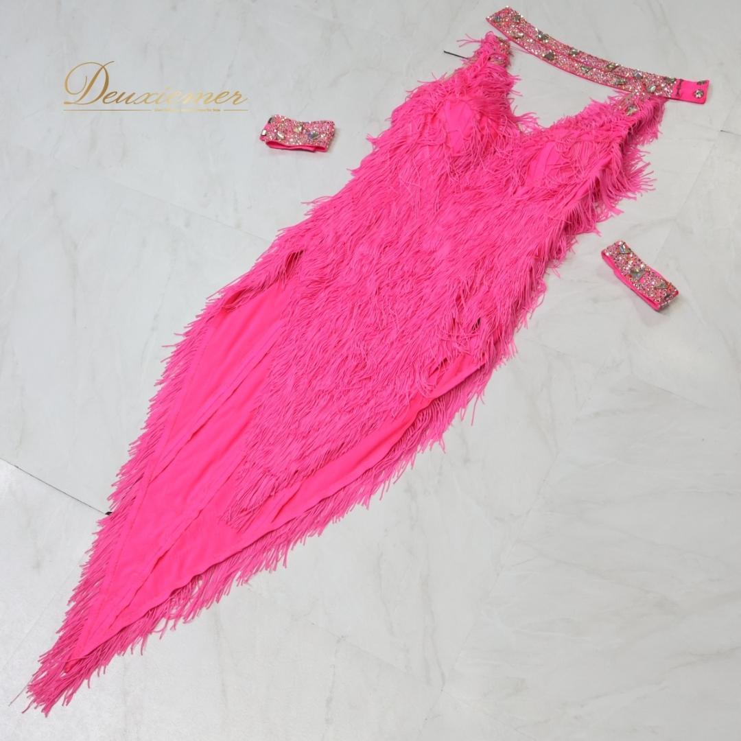 【社交ダンス衣装】ピンク ラテン ドレス ワンピース フリンジ 蛍光 デモ 競技