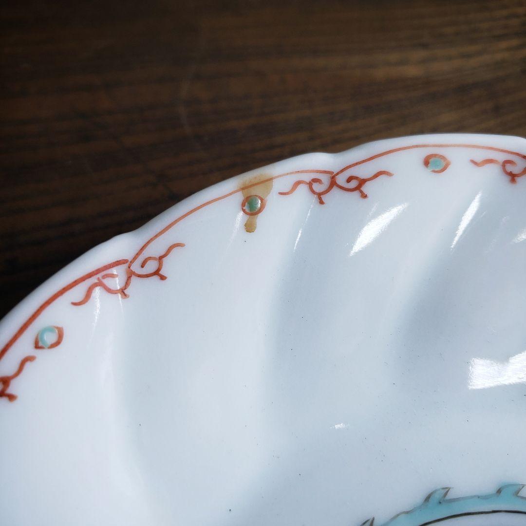 色絵付　皿　鳳凰　ねじり花弁縁　古伊万里　花文　唐草　銘　窯傷　ロ号