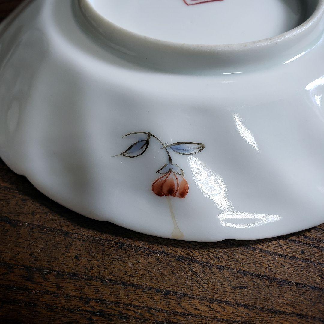 色絵付　皿　鳳凰　ねじり花弁縁　古伊万里　花文　唐草　銘　窯傷　ロ号