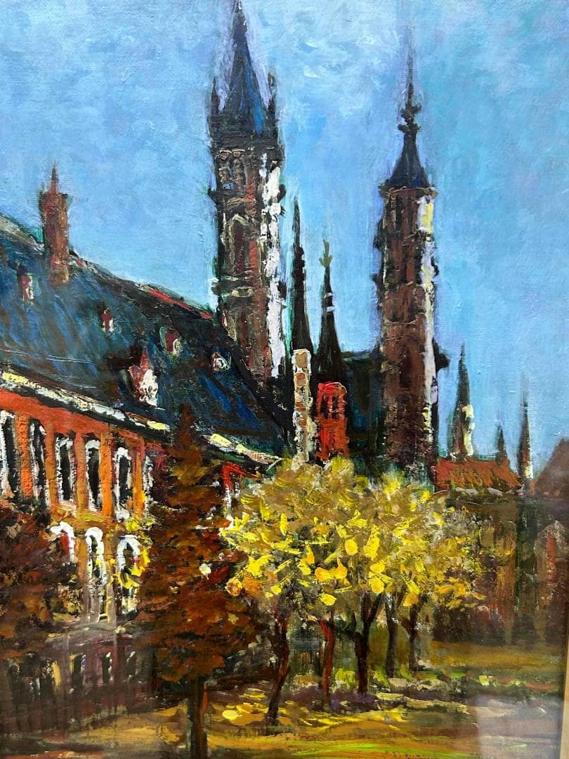 三觜正之 油絵 F4 アムステルダムの教会 額装 風景画 自然画