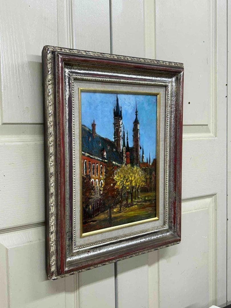 三觜正之 油絵 F4 アムステルダムの教会 額装 風景画 自然画