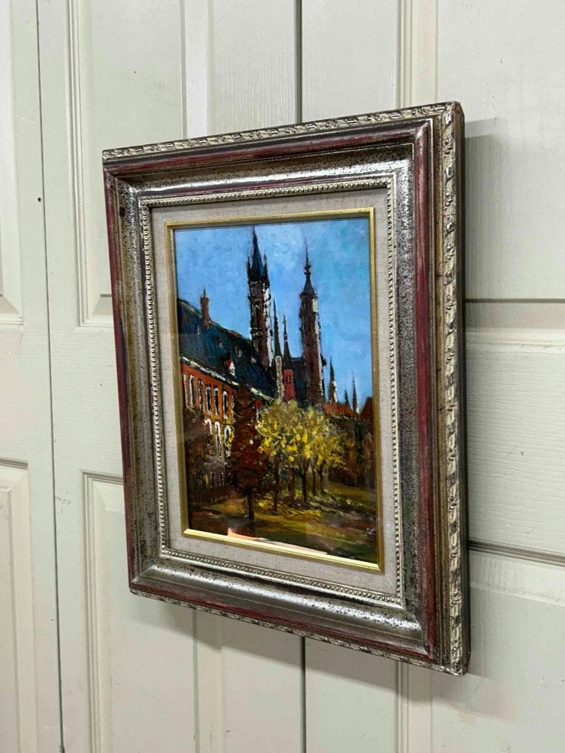 三觜正之 油絵 F4 アムステルダムの教会 額装 風景画 自然画