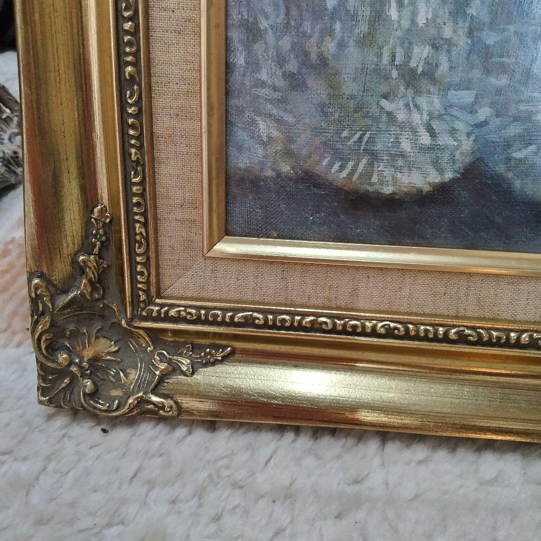 レースの上の静物画 アジサイとピエロ。油絵F30号ゴールド額縁付き処分品