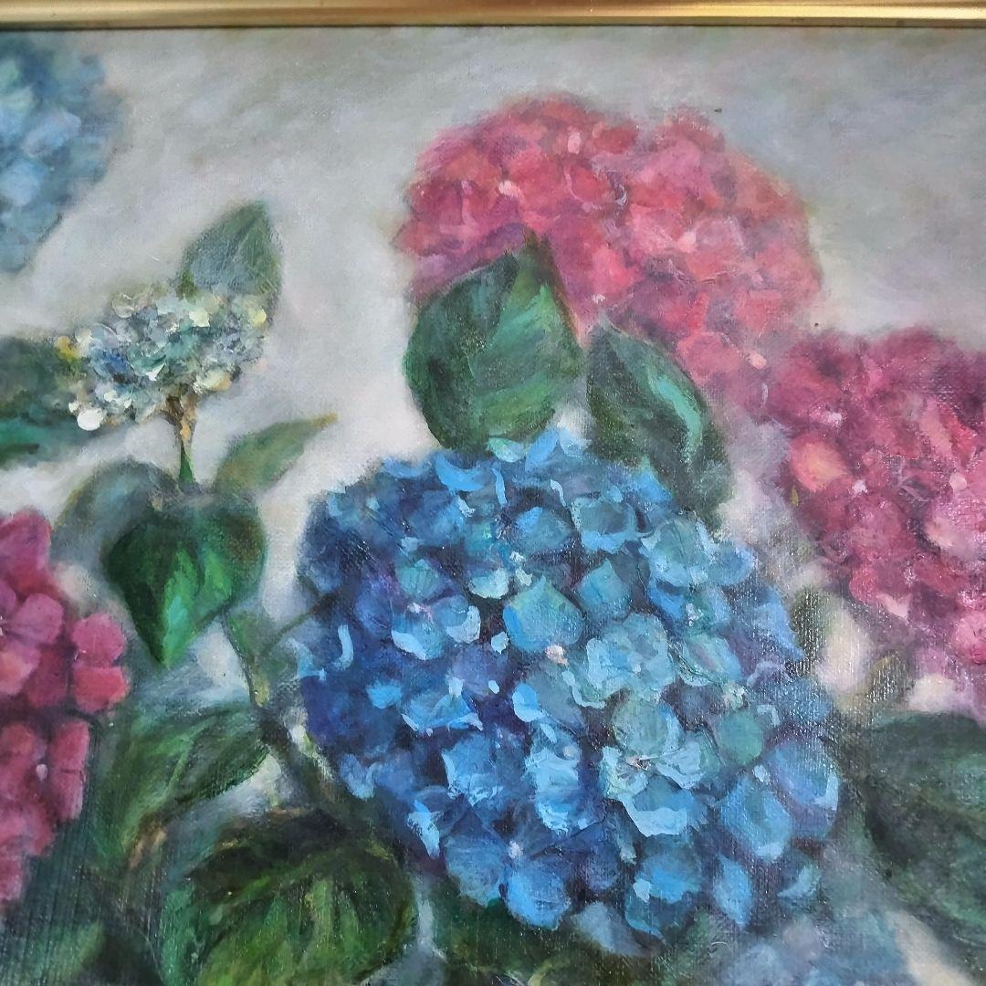 レースの上の静物画 アジサイとピエロ。油絵F30号ゴールド額縁付き処分品