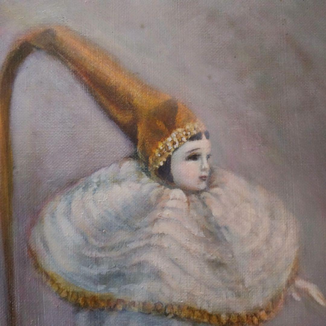 レースの上の静物画 アジサイとピエロ。油絵F30号ゴールド額縁付き処分品