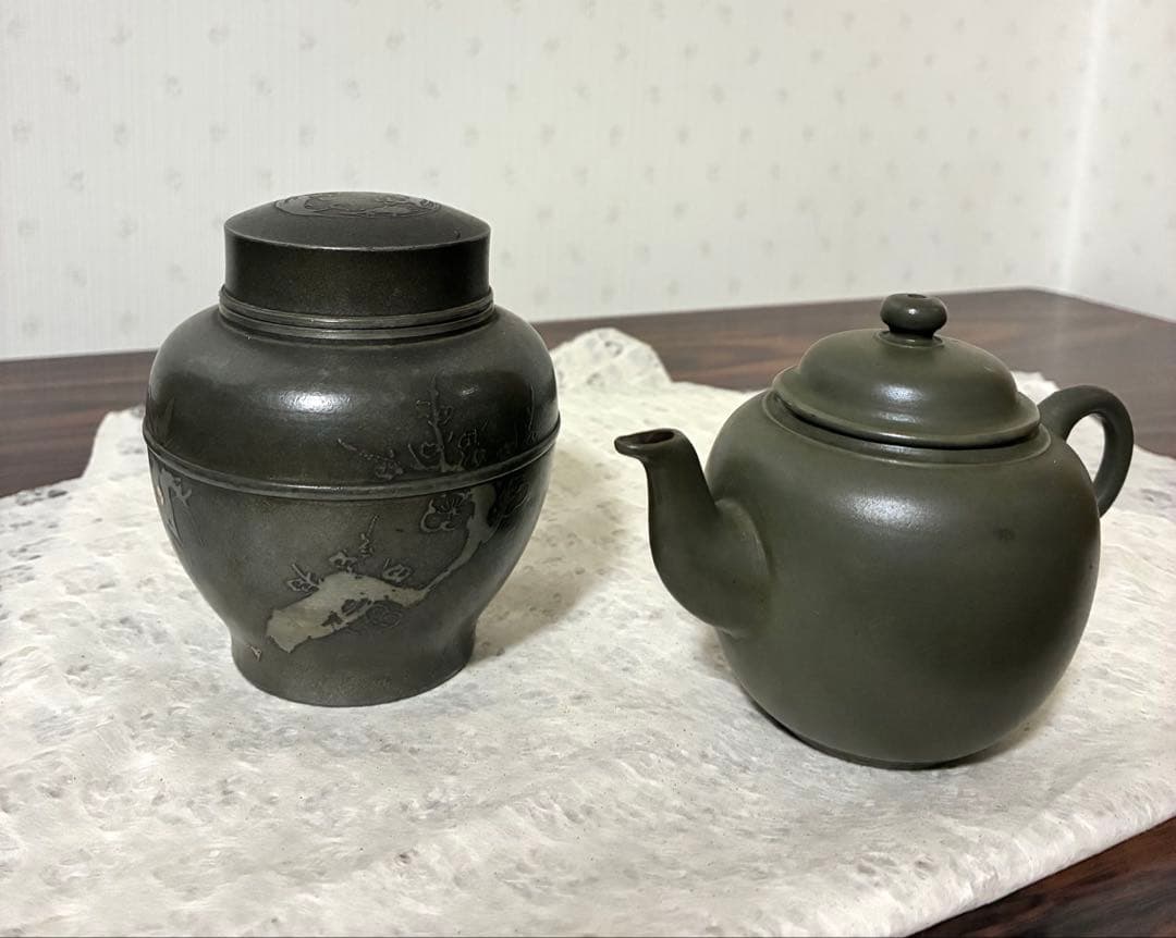錫製茶入と陶器製急須セット ダークグリーン 茶道具 茶器 骨董品