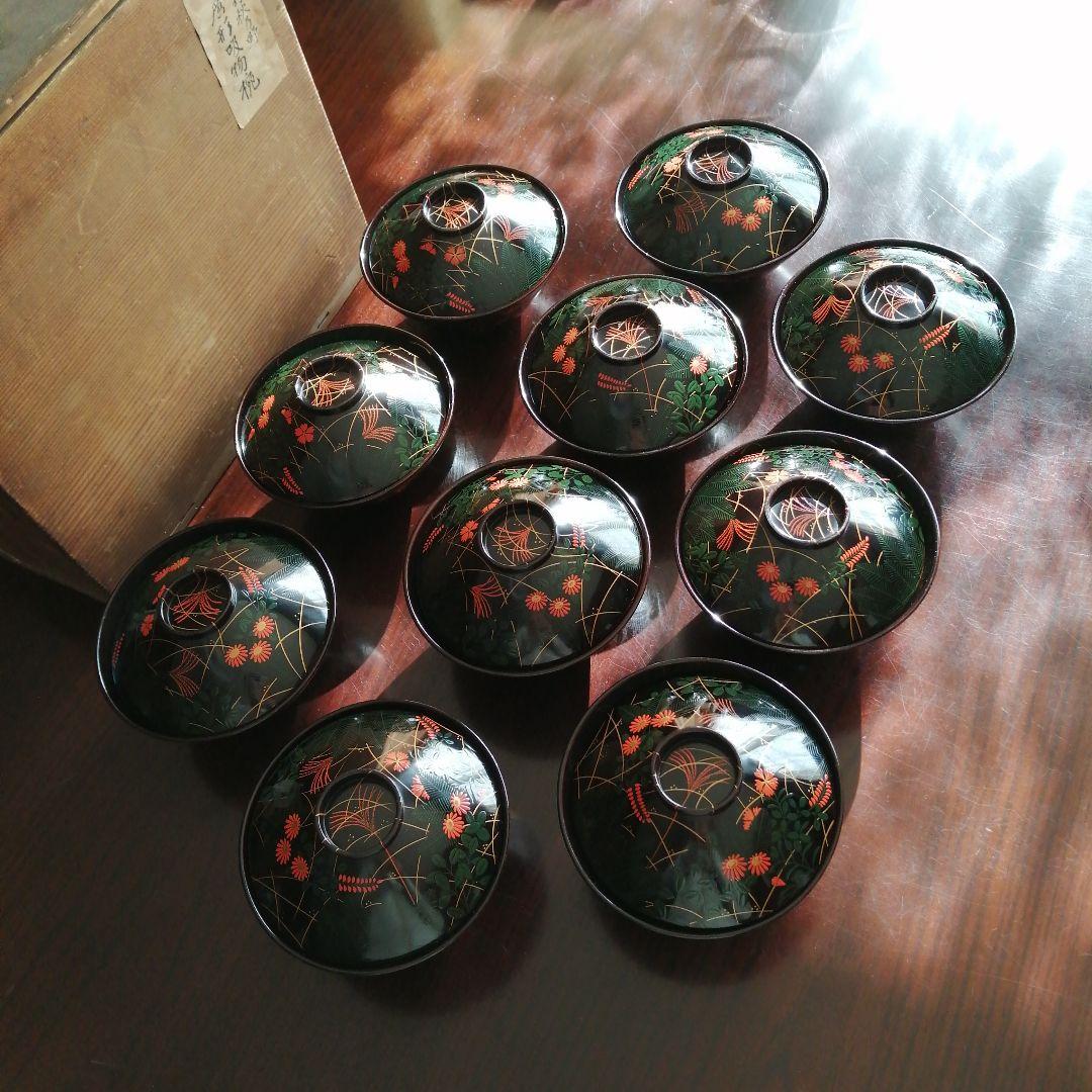 木製漆器　長寛好末広形吸物椀　10客　12cm　明治～大正期