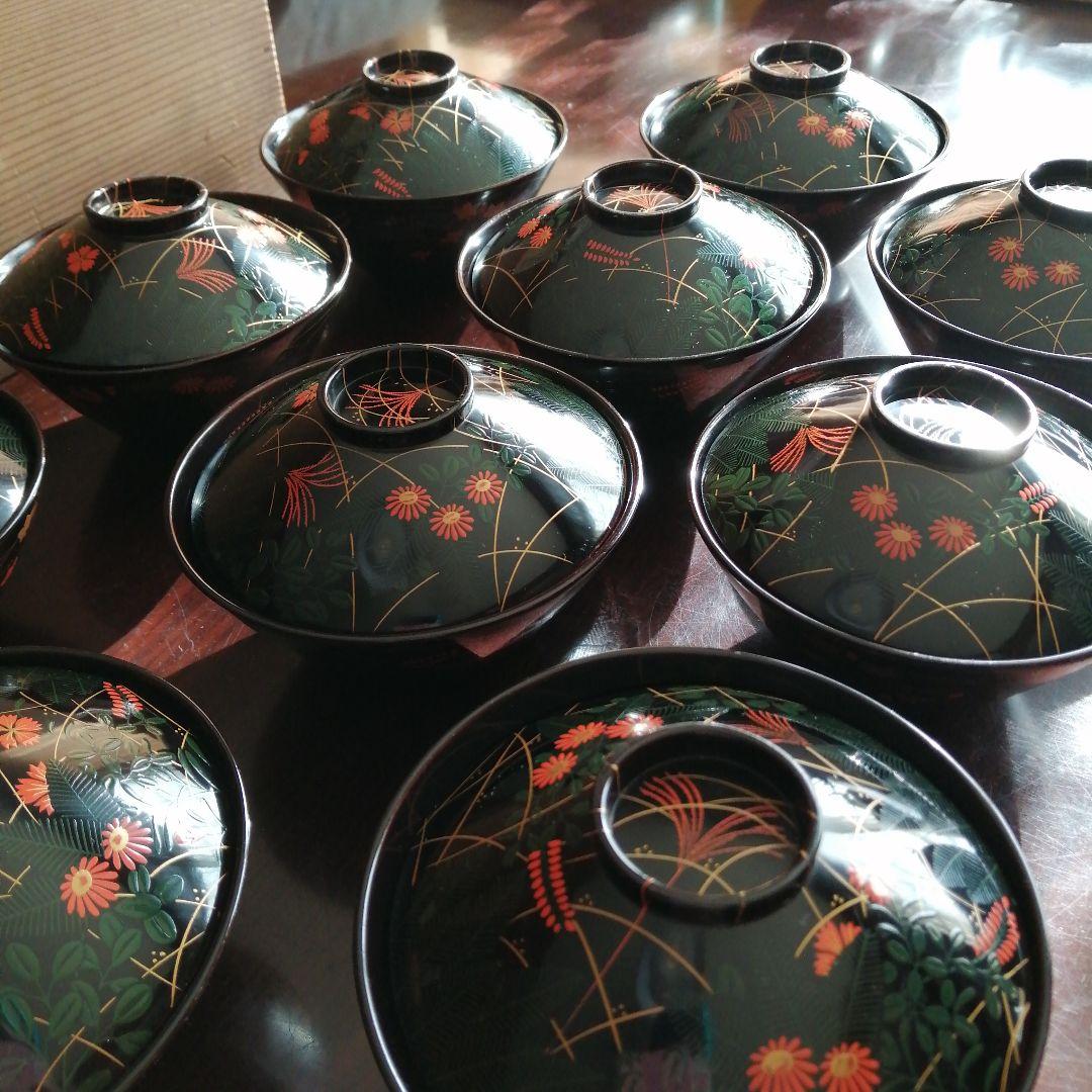 木製漆器　長寛好末広形吸物椀　10客　12cm　明治～大正期