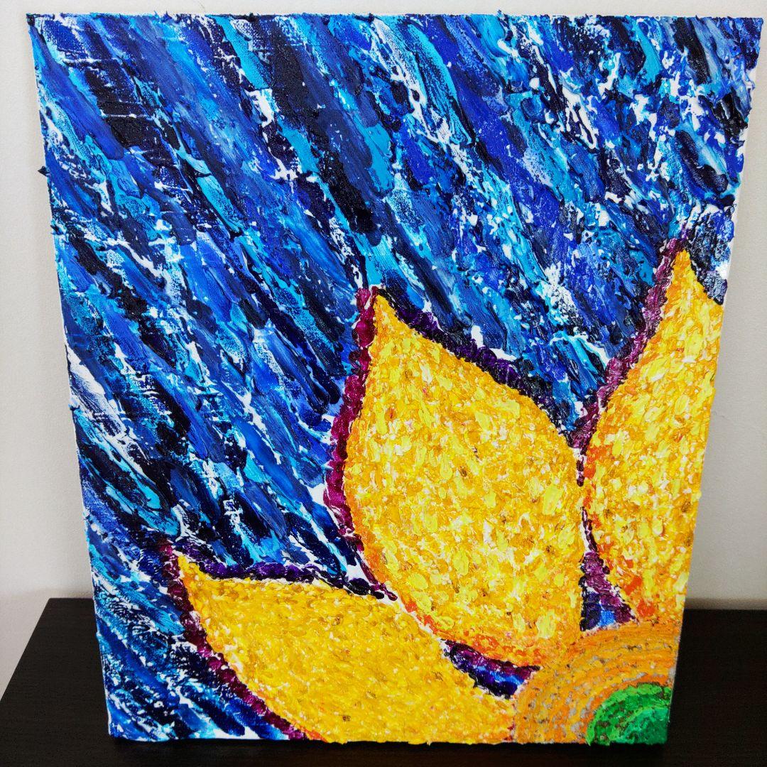 アクリル画 花 ヒマワリ　夏　青　黄色　テクスチャーアート　原画　一点もの