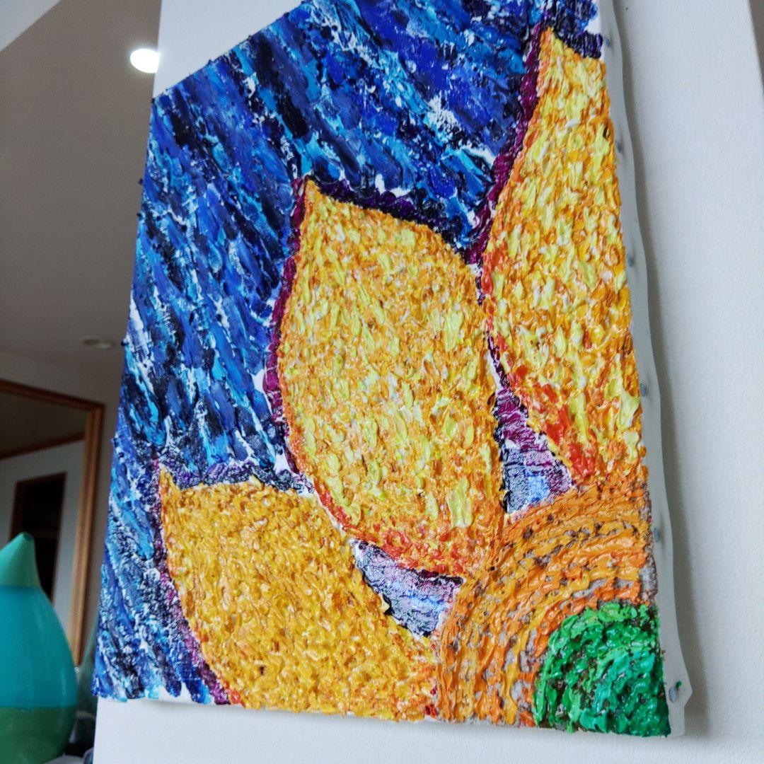 アクリル画 花 ヒマワリ　夏　青　黄色　テクスチャーアート　原画　一点もの