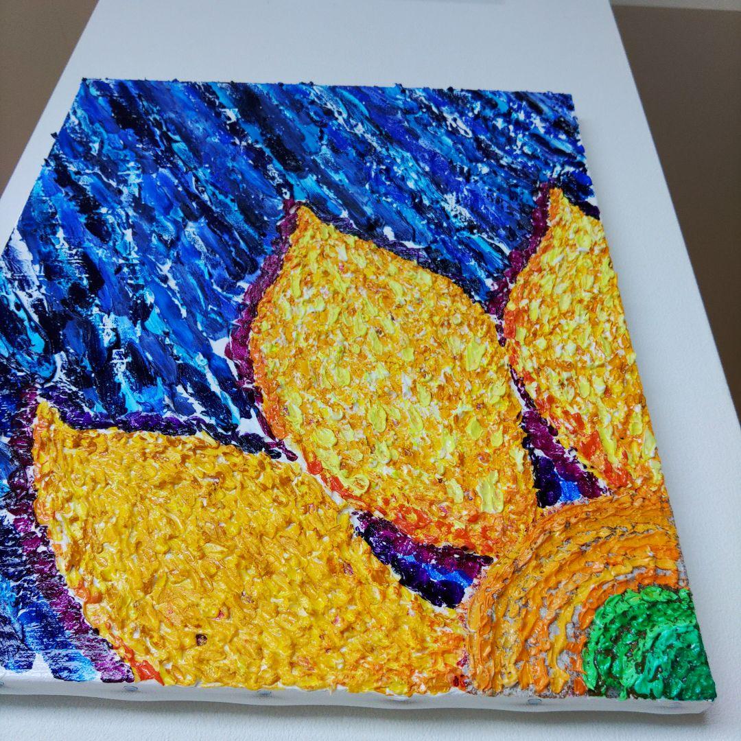 アクリル画 花 ヒマワリ　夏　青　黄色　テクスチャーアート　原画　一点もの