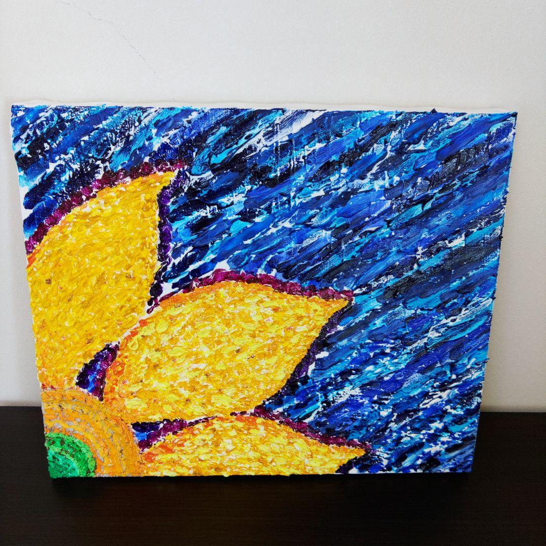 アクリル画 花 ヒマワリ　夏　青　黄色　テクスチャーアート　原画　一点もの