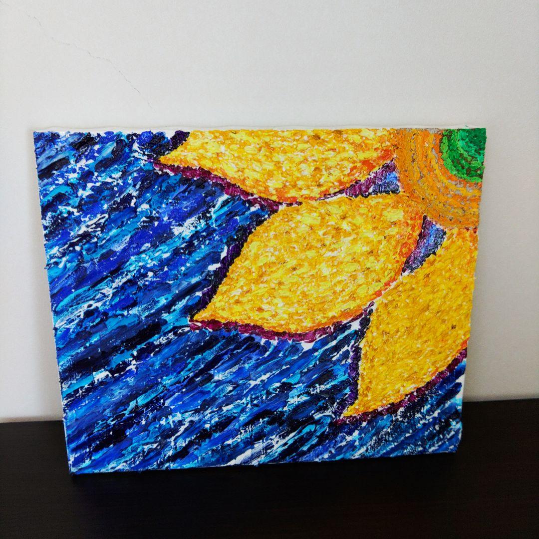 アクリル画 花 ヒマワリ　夏　青　黄色　テクスチャーアート　原画　一点もの