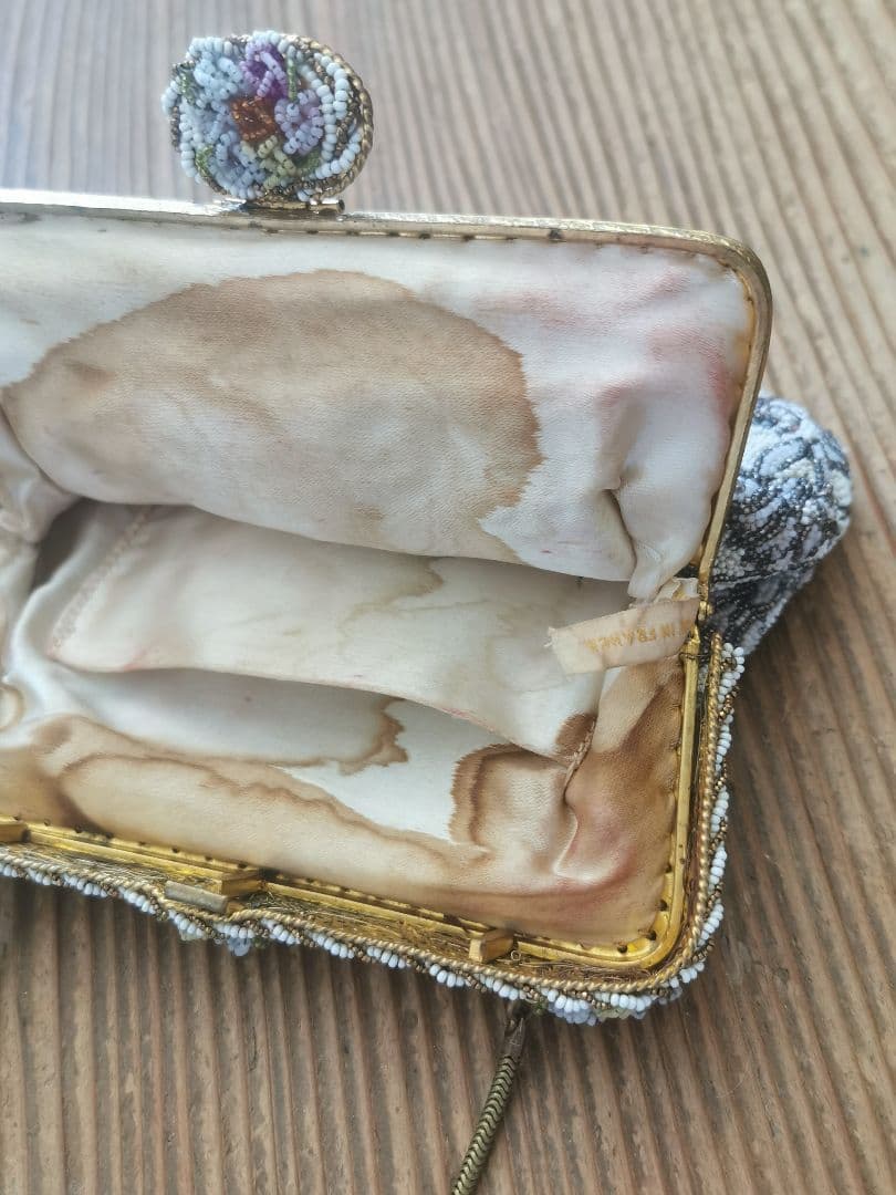 アンティーク マイクロビーズガラス 乳白透金ビーズ イブニング/パーティーバッグ