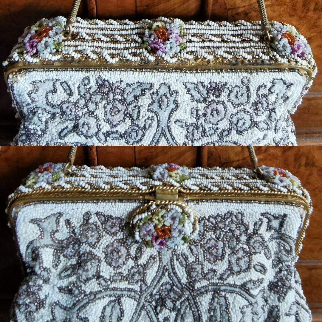 アンティーク マイクロビーズガラス 乳白透金ビーズ イブニング/パーティーバッグ